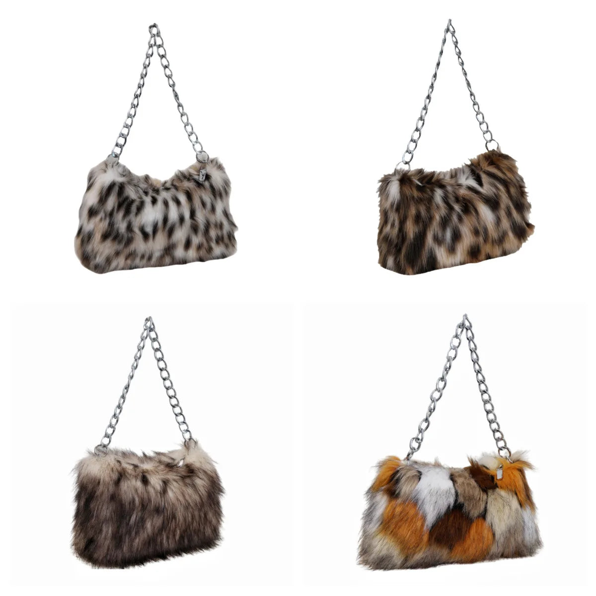 New Faux Fur Leopard Shoulder Bag Women's Autumn Winter Chain Handbags Ladies Leopard Print Clutch Purses Fluffy Top Handle Bags