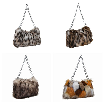 New Faux Fur Leopard Shoulder Bag Women's Autumn Winter Chain Handbags Ladies Leopard Print Clutch Purses Fluffy Top Handle Bags