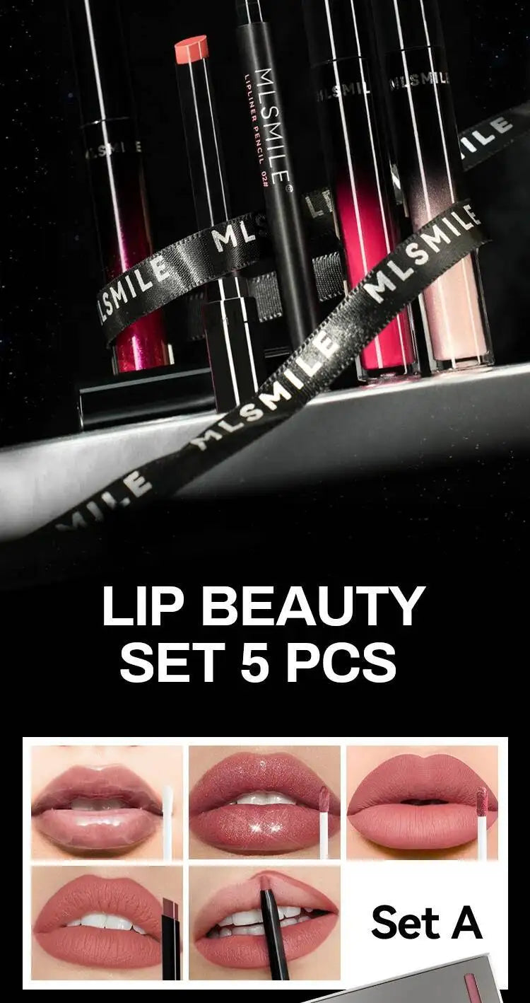 MLSMILE Makeup Set Holiday Gift Box 5pc/set Gloss Waterproof Moisturizing Long-lasting Liquid Lipstick Lip Liner New
