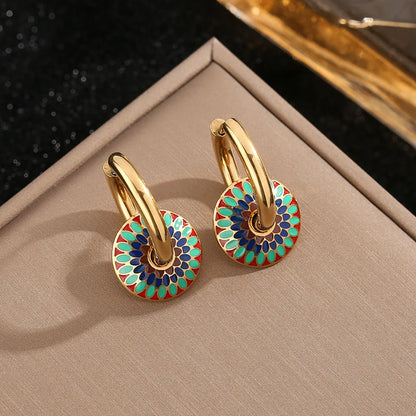 Vintage Painted Daisy Pattern Design Stainless Steel Necklace Earrings Set Female Creative Ethnic Style Jewelry Accessories