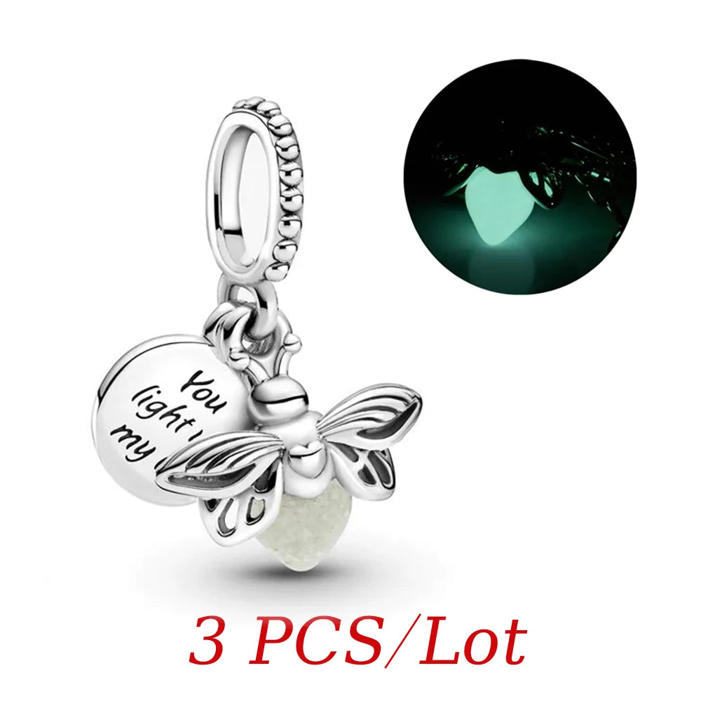2024 Summer New Glow-in-the-dark Firefly Dangle Charm Fit Original Pan Bracelet DIY Silver&Gold Plated Women Jewelry Gift