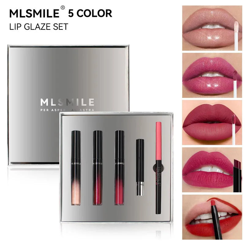 MLSMILE Makeup Set Holiday Gift Box 5pc/set Gloss Waterproof Moisturizing Long-lasting Liquid Lipstick Lip Liner New