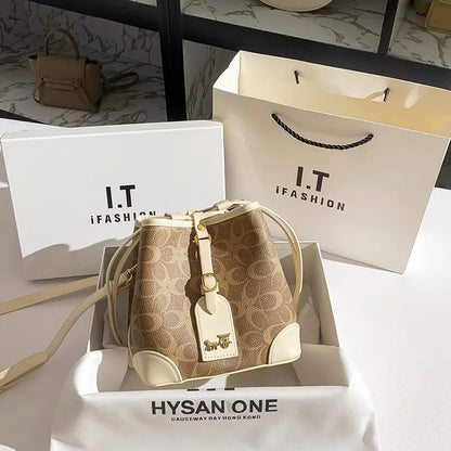 Light luxury women's handbag, retro carriage drawstring bucket bag, 2025 new style bag, high-end single shoulder crossbody bag