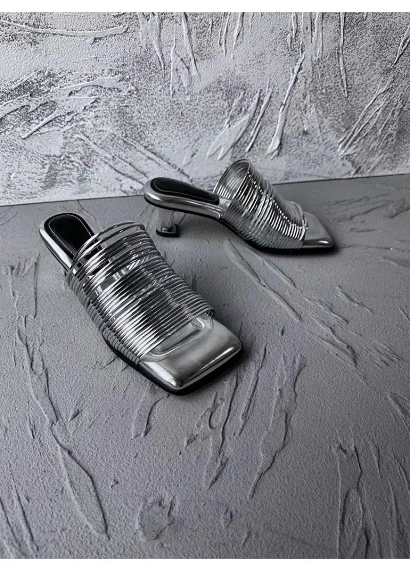 Square Toe Stiletto Sandals for Women Summer Shiny Solid Color High Heels Casual Half Slippers Shoes for Women Designer Sandals