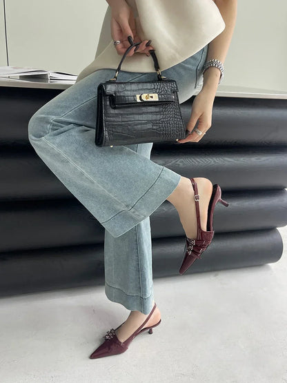 Pointed Toe Women Sandals New Arrivals Fashion Elastic Band Party Dress Shoes Woman Thin Mid Heels Red Black Silver Fashion