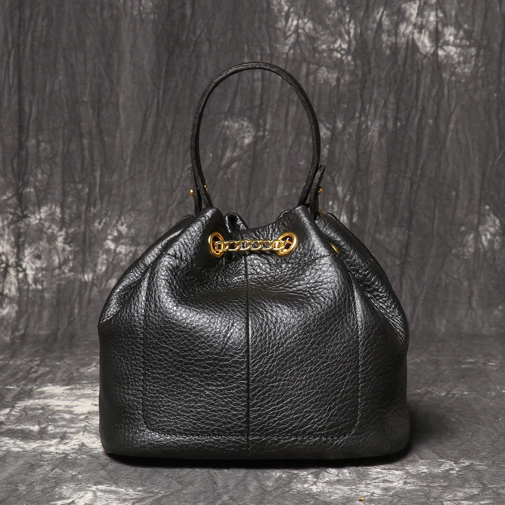 LUOKIR New Metal Drawstring Versatile Women's Handbag Genuine Leather Chain Crossbody Bag Vintage Bucket Bag Mobile Phone Bag