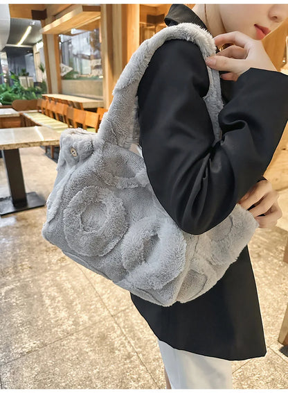 Faux Fur Tote Bag High Quality Plush Handbag Women Fall Winter Vintage Fashion Large Capacity Shoulder Bag