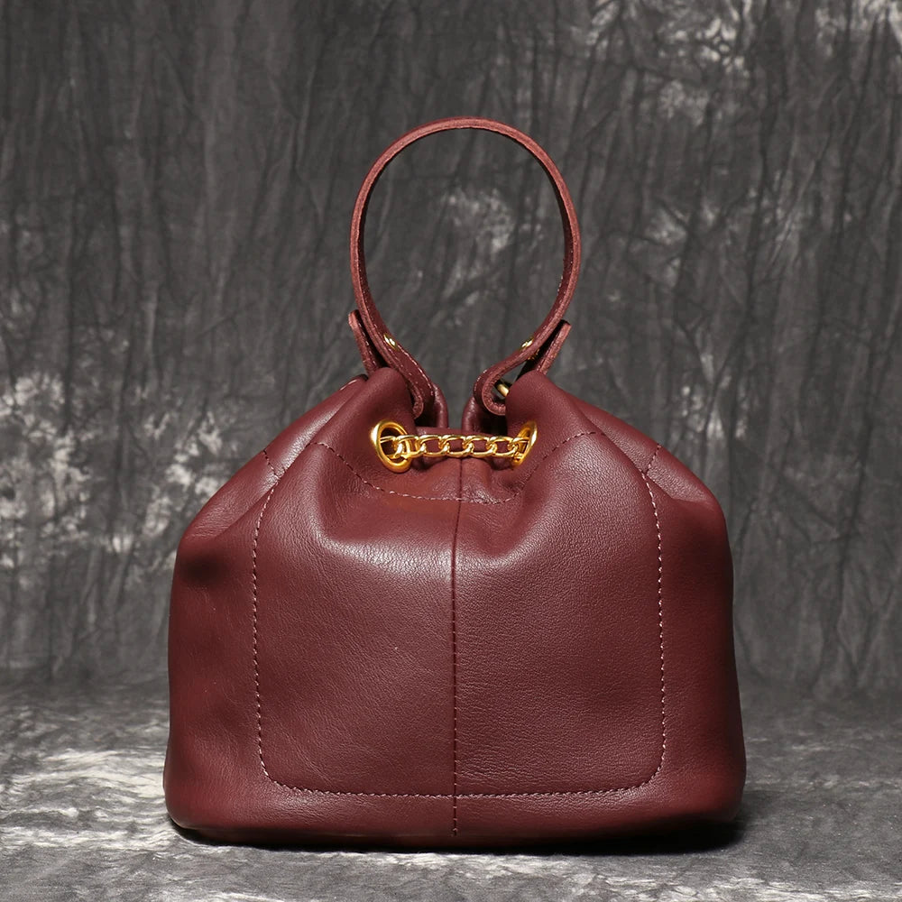 LUOKIR New Metal Drawstring Versatile Women's Handbag Genuine Leather Chain Crossbody Bag Vintage Bucket Bag Mobile Phone Bag