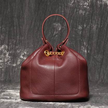 LUOKIR New Metal Drawstring Versatile Women's Handbag Genuine Leather Chain Crossbody Bag Vintage Bucket Bag Mobile Phone Bag