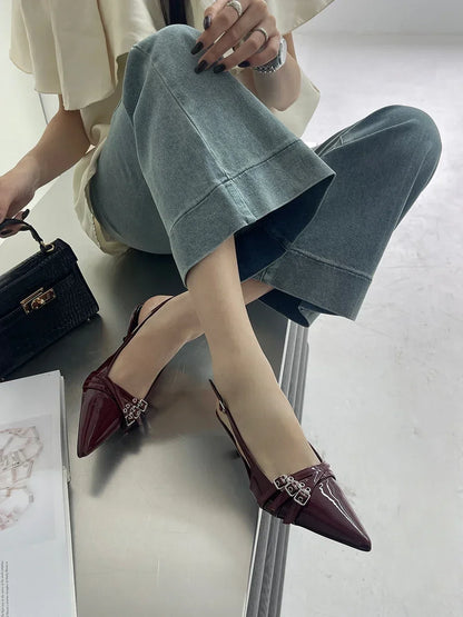 Pointed Toe Women Sandals New Arrivals Fashion Elastic Band Party Dress Shoes Woman Thin Mid Heels Red Black Silver Fashion