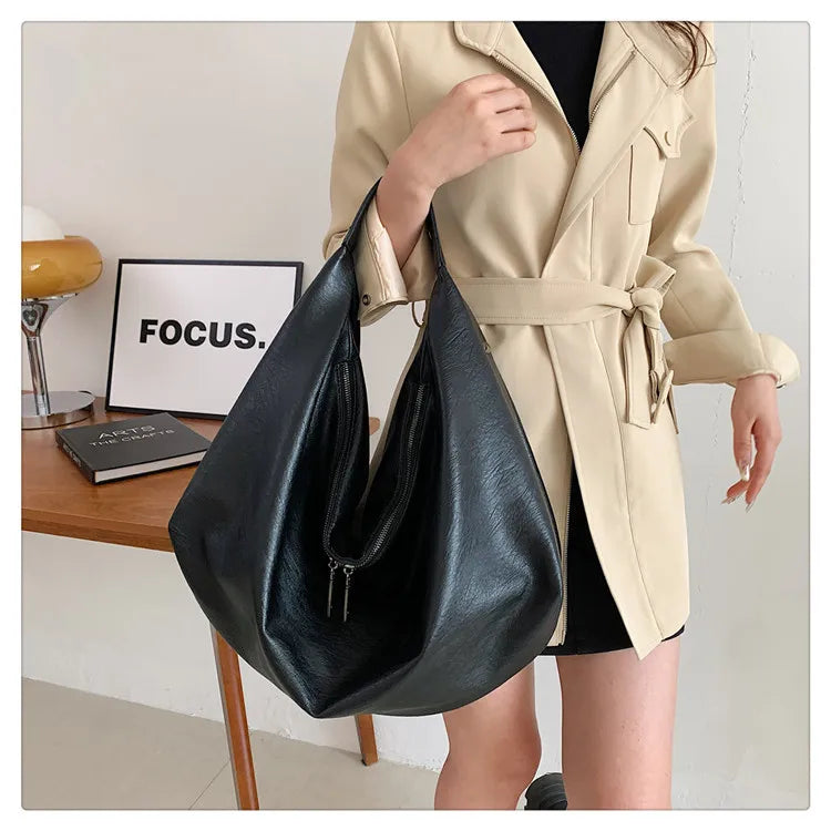 Big Black Shoulder Bags for Women Large Hobo Shopper Bag Solid Color Quality Soft Leather Crossbody Handbag Lady Travel Tote Bag