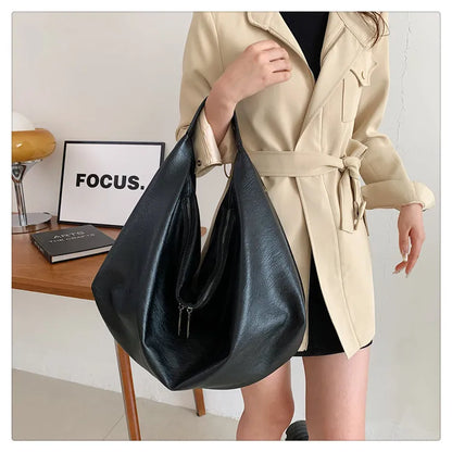 Big Black Shoulder Bags for Women Large Hobo Shopper Bag Solid Color Quality Soft Leather Crossbody Handbag Lady Travel Tote Bag