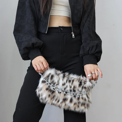 New Faux Fur Leopard Shoulder Bag Women's Autumn Winter Chain Handbags Ladies Leopard Print Clutch Purses Fluffy Top Handle Bags