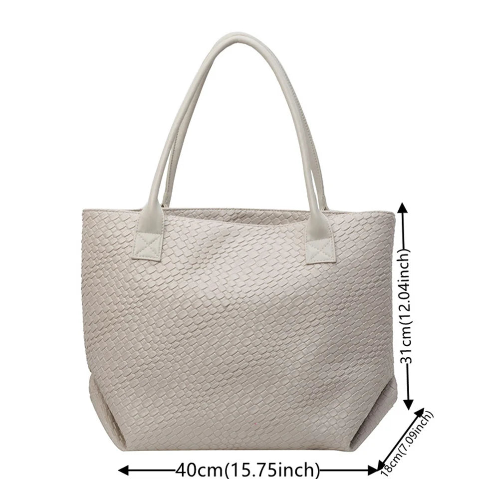 Women's Woven Pattern Tote Bag Elegant PU Leather Handbag Vintage Large Capacity Fashion Trending Japon Style  Shoulder Bags