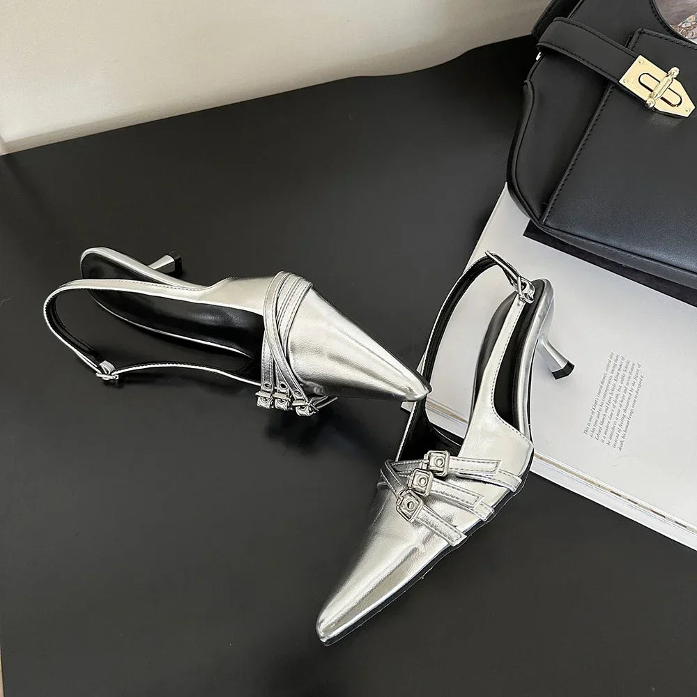 Pointed Toe Women Sandals New Arrivals Fashion Elastic Band Party Dress Shoes Woman Thin Mid Heels Red Black Silver Fashion