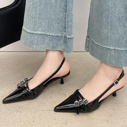 Pointed Toe Women Sandals New Arrivals Fashion Elastic Band Party Dress Shoes Woman Thin Mid Heels Red Black Silver Fashion