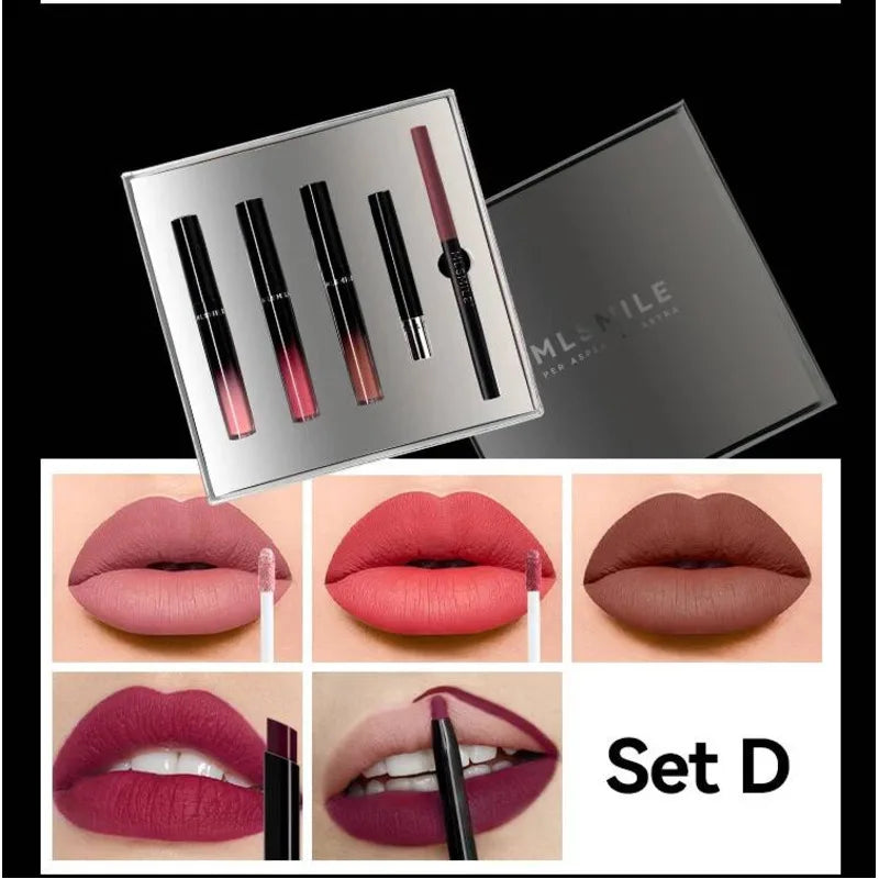 MLSMILE Makeup Set Holiday Gift Box 5pc/set Gloss Waterproof Moisturizing Long-lasting Liquid Lipstick Lip Liner New