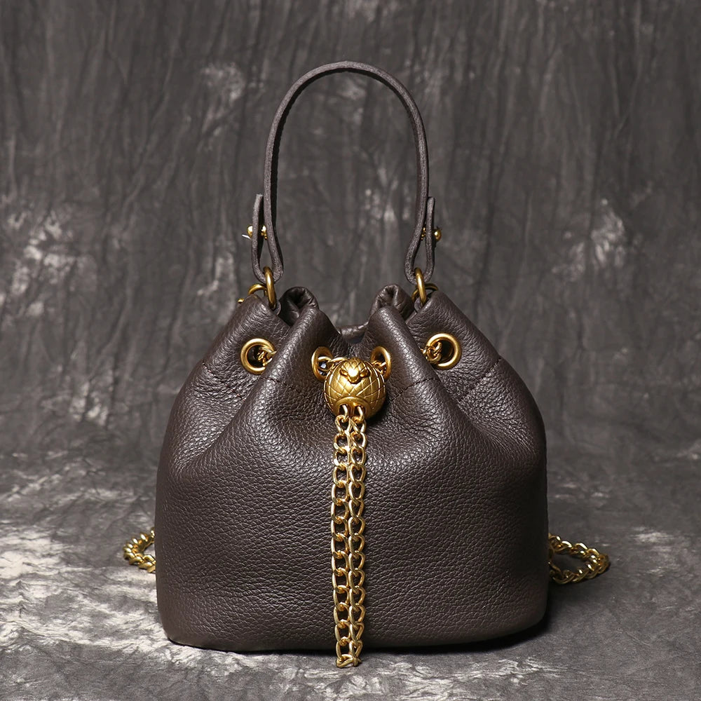 LUOKIR New Metal Drawstring Versatile Women's Handbag Genuine Leather Chain Crossbody Bag Vintage Bucket Bag Mobile Phone Bag