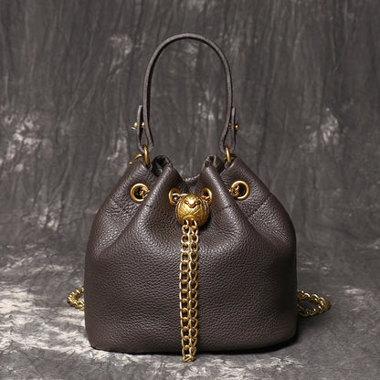 LUOKIR New Metal Drawstring Versatile Women's Handbag Genuine Leather Chain Crossbody Bag Vintage Bucket Bag Mobile Phone Bag