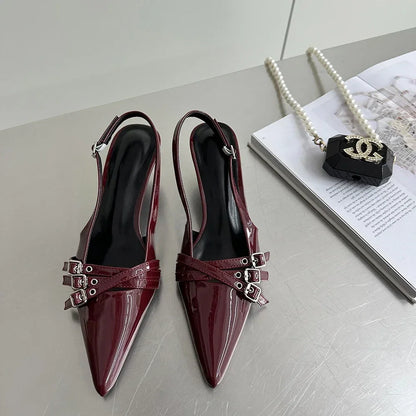 Pointed Toe Women Sandals New Arrivals Fashion Elastic Band Party Dress Shoes Woman Thin Mid Heels Red Black Silver Fashion