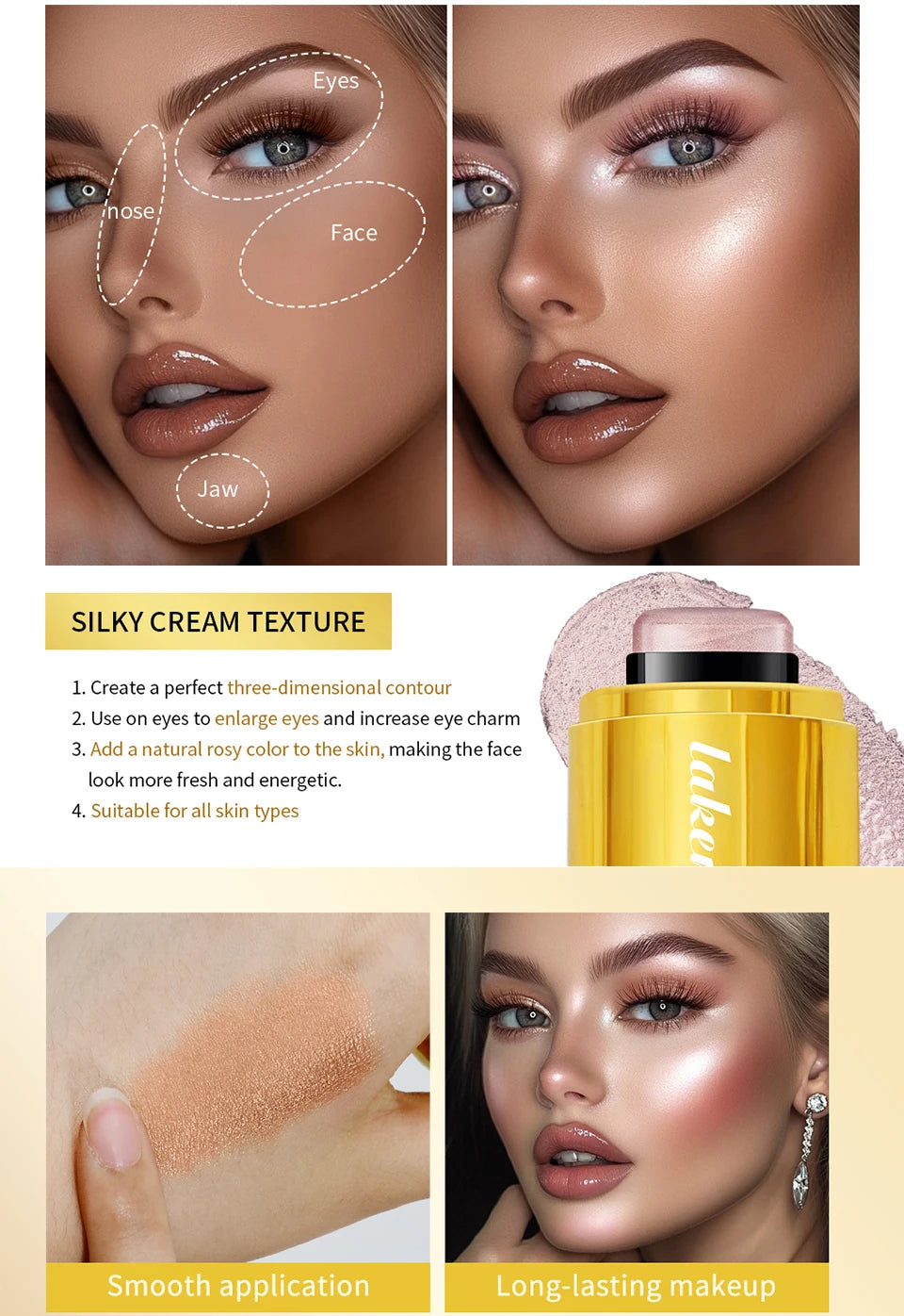 3-in-1Blush Stick Lasting Brightens Facial Cheek Stick Moisturizing Flash Lip Gloss Makeup Lip Gloss Face Rouge