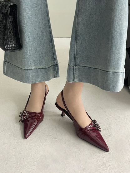 Pointed Toe Women Sandals New Arrivals Fashion Elastic Band Party Dress Shoes Woman Thin Mid Heels Red Black Silver Fashion