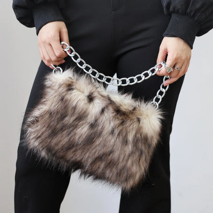 New Faux Fur Leopard Shoulder Bag Women's Autumn Winter Chain Handbags Ladies Leopard Print Clutch Purses Fluffy Top Handle Bags