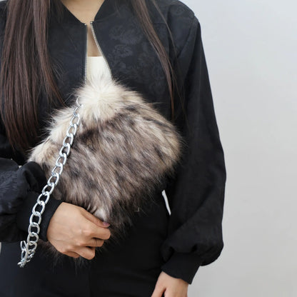 New Faux Fur Leopard Shoulder Bag Women's Autumn Winter Chain Handbags Ladies Leopard Print Clutch Purses Fluffy Top Handle Bags
