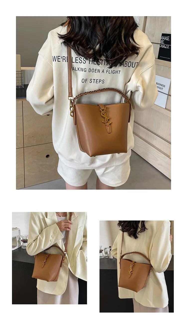 Classic old money wind bucket bag large capacity diagonal cross handbag senior sense of work commuting lazy wind women's bags