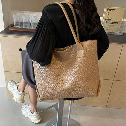 Women's Woven Pattern Tote Bag Elegant PU Leather Handbag Vintage Large Capacity Fashion Trending Japon Style  Shoulder Bags