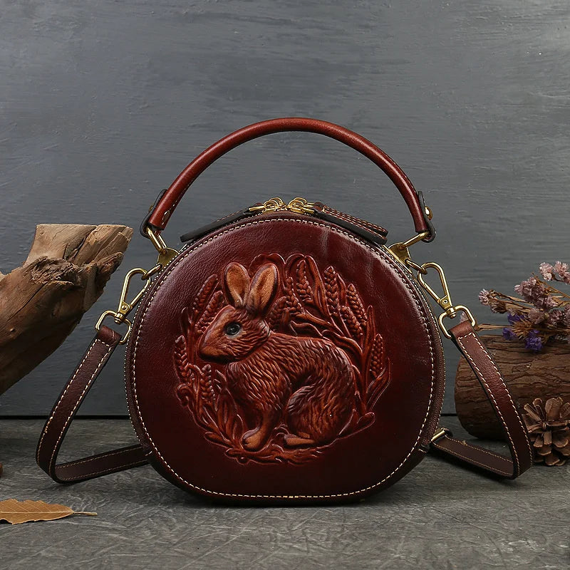 MOTAORA 2025 New Retro Round Women's Genuine Leather Handbags For Ladies Luxury Designer Rabbit Embossed Shoulder Messenger Bags
