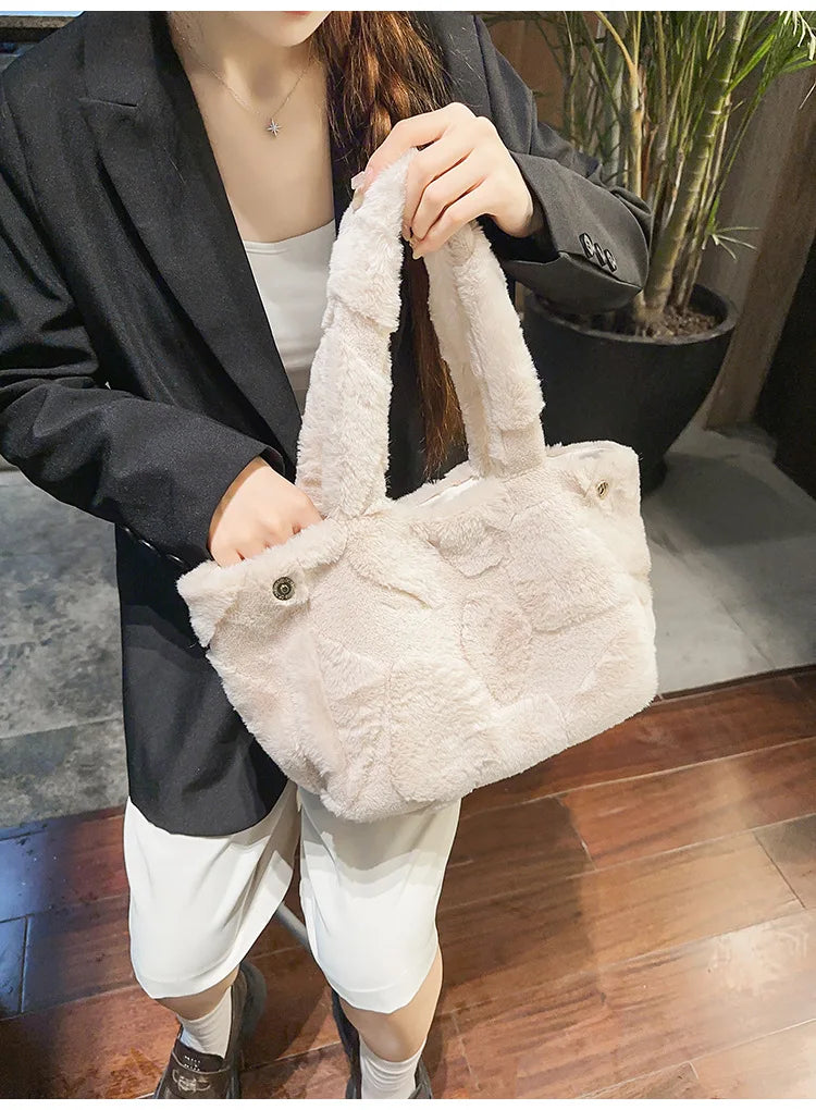 Faux Fur Tote Bag High Quality Plush Handbag Women Fall Winter Vintage Fashion Large Capacity Shoulder Bag