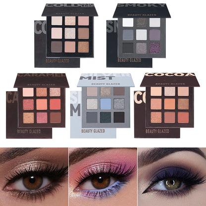 Beauty Glazed 9 Colors Eye Shadow Palette - Matte & Shimmer Pigmented Eyeshadow Discs Warm Earth Tones Makeup Powder for Eyes
