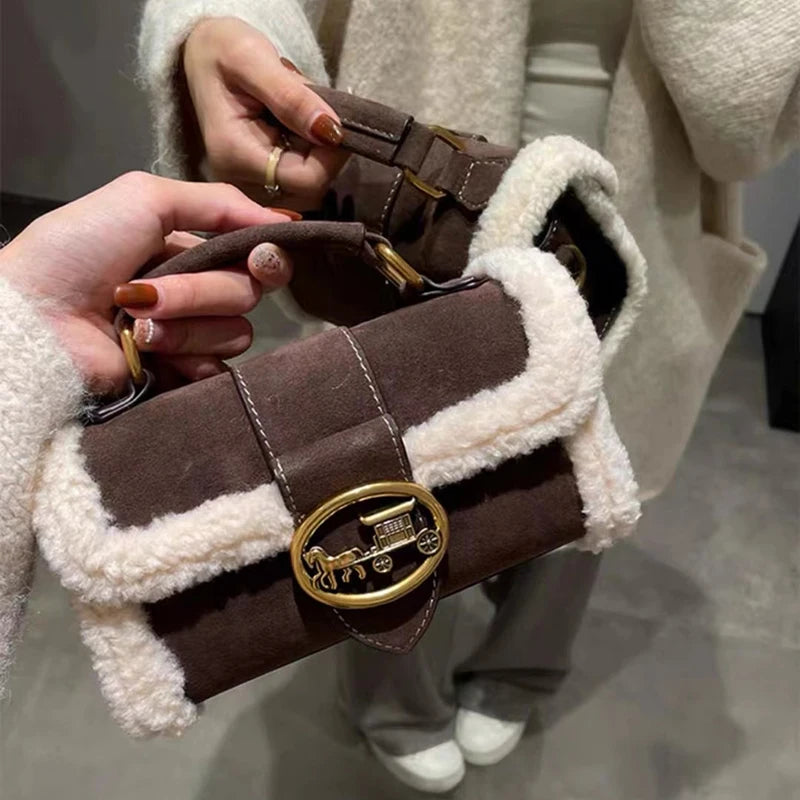 Luxury brand women's bag high-end designer 2024 new autumn and winter plush handbag single shoulder crossbody small square bag