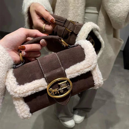 Luxury brand women's bag high-end designer 2024 new autumn and winter plush handbag single shoulder crossbody small square bag