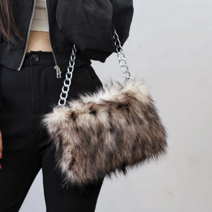 New Faux Fur Leopard Shoulder Bag Women's Autumn Winter Chain Handbags Ladies Leopard Print Clutch Purses Fluffy Top Handle Bags