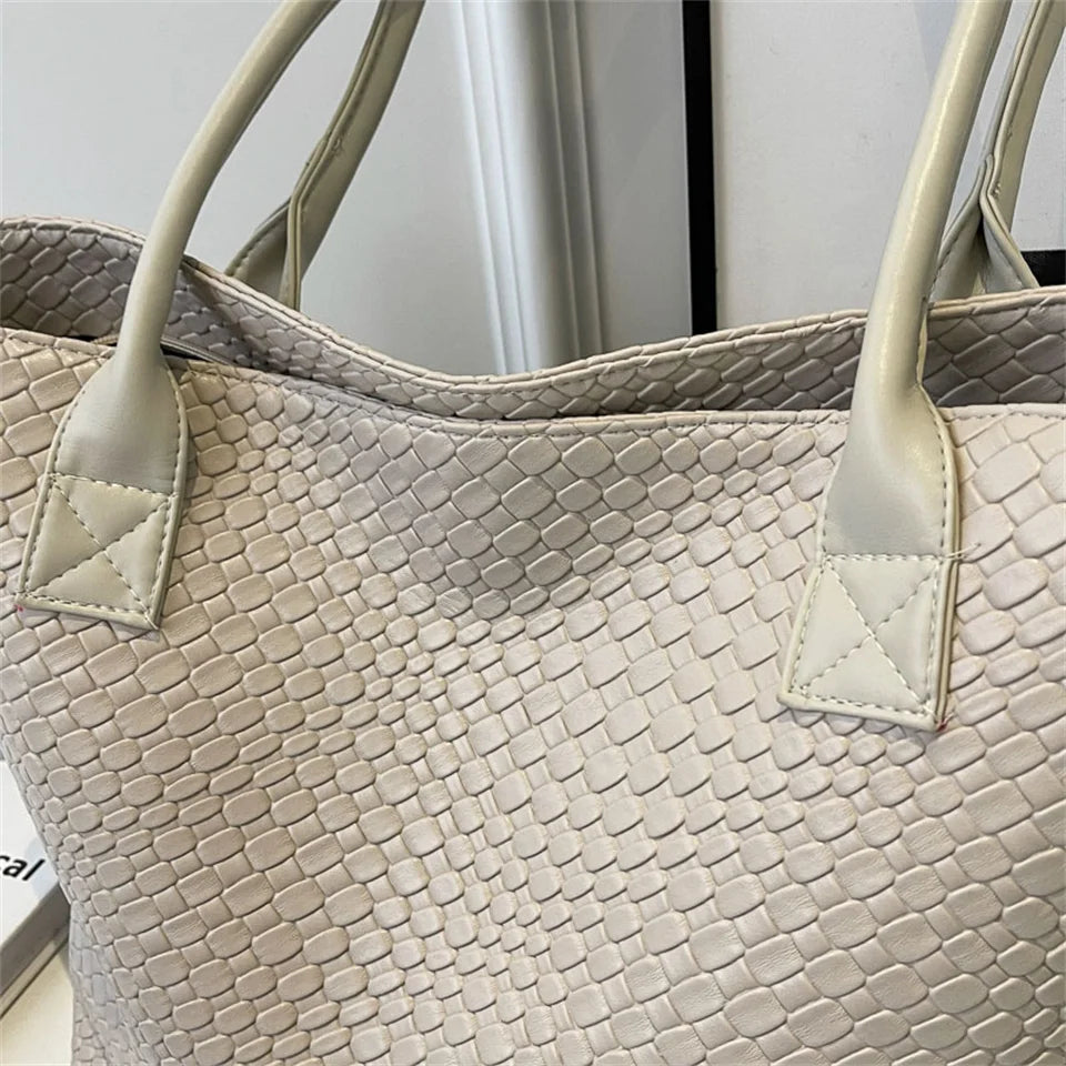 Women's Woven Pattern Tote Bag Elegant PU Leather Handbag Vintage Large Capacity Fashion Trending Japon Style  Shoulder Bags