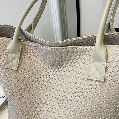 Women's Woven Pattern Tote Bag Elegant PU Leather Handbag Vintage Large Capacity Fashion Trending Japon Style  Shoulder Bags