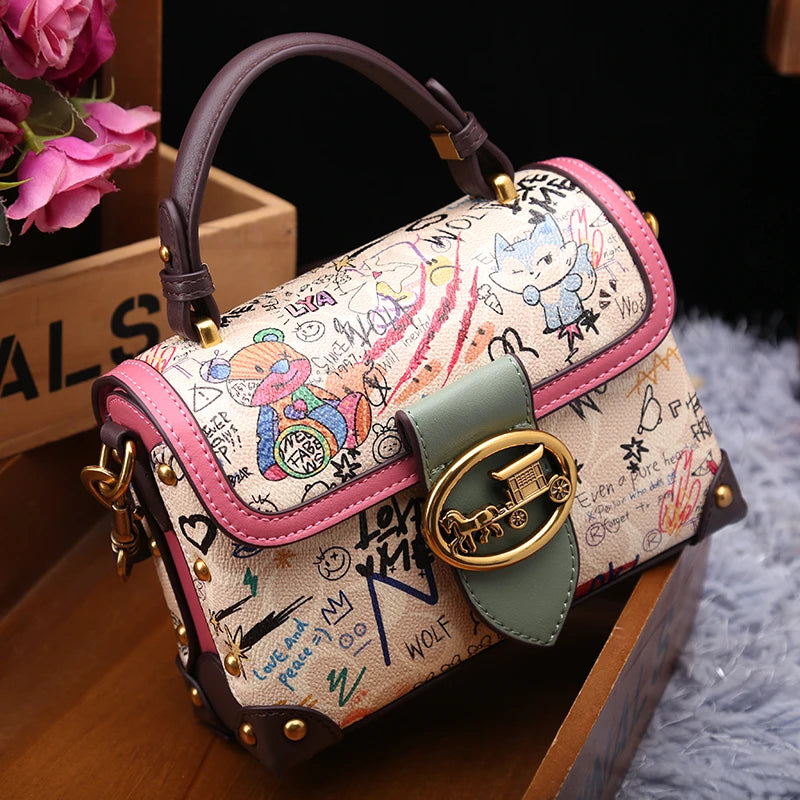 Brand premium women's bag graffiti box small square bag 2024 new autumn and winter designer handbag single shoulder crossbody ba