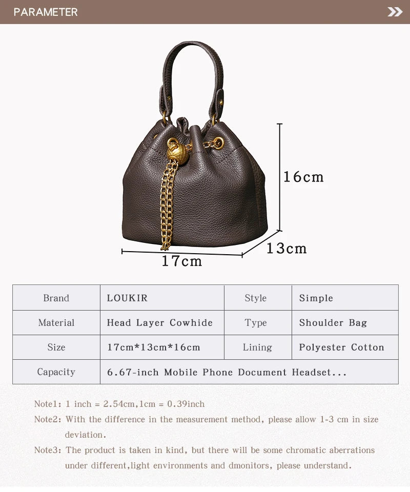 LUOKIR New Metal Drawstring Versatile Women's Handbag Genuine Leather Chain Crossbody Bag Vintage Bucket Bag Mobile Phone Bag