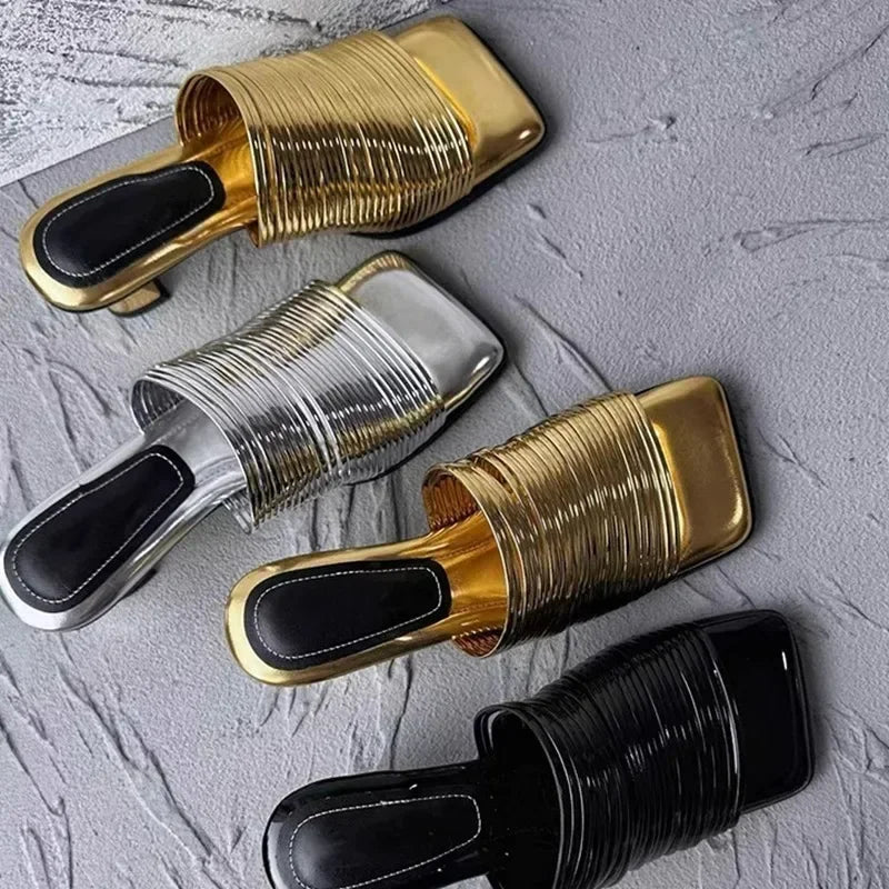 Square Toe Stiletto Sandals for Women Summer Shiny Solid Color High Heels Casual Half Slippers Shoes for Women Designer Sandals