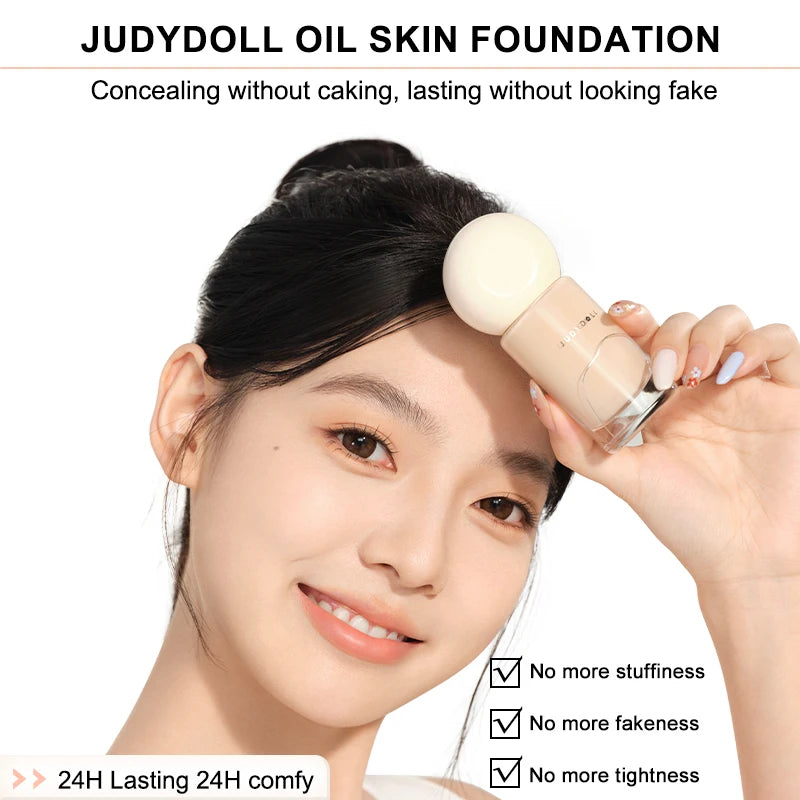 Judydoll Oil-Control Foundation, Long-Lasting, Matte Finish, Full Coverage, Oil-Free, Sweat-Proof, Flawless Skin, Oil Skin
