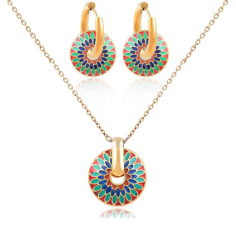 Vintage Painted Daisy Pattern Design Stainless Steel Necklace Earrings Set Female Creative Ethnic Style Jewelry Accessories