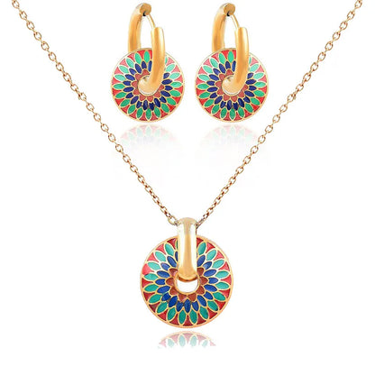 Vintage Painted Daisy Pattern Design Stainless Steel Necklace Earrings Set Female Creative Ethnic Style Jewelry Accessories
