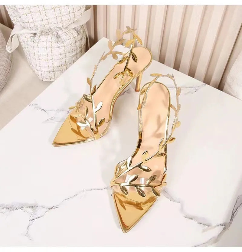 2024 Summer Fashion Patent Leather Gold Leaf Women Sandals Elegant Pointed toe Thin High heels Gladiator Sandalias Party Shoes