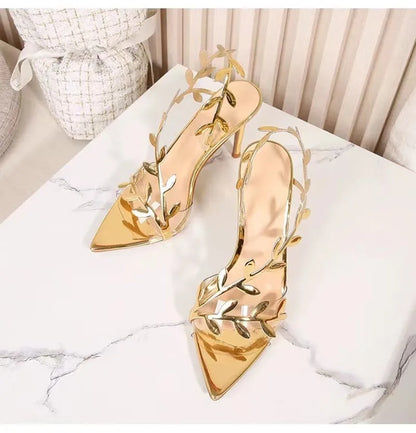 2024 Summer Fashion Patent Leather Gold Leaf Women Sandals Elegant Pointed toe Thin High heels Gladiator Sandalias Party Shoes