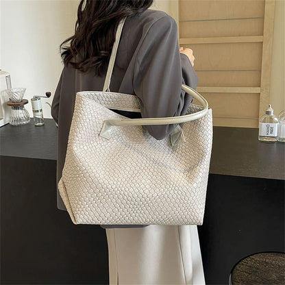 Women's Woven Pattern Tote Bag Elegant PU Leather Handbag Vintage Large Capacity Fashion Trending Japon Style  Shoulder Bags