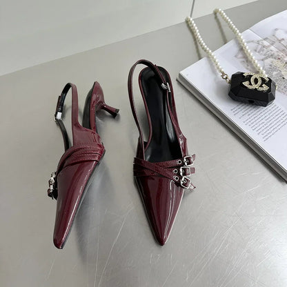 Pointed Toe Women Sandals New Arrivals Fashion Elastic Band Party Dress Shoes Woman Thin Mid Heels Red Black Silver Fashion