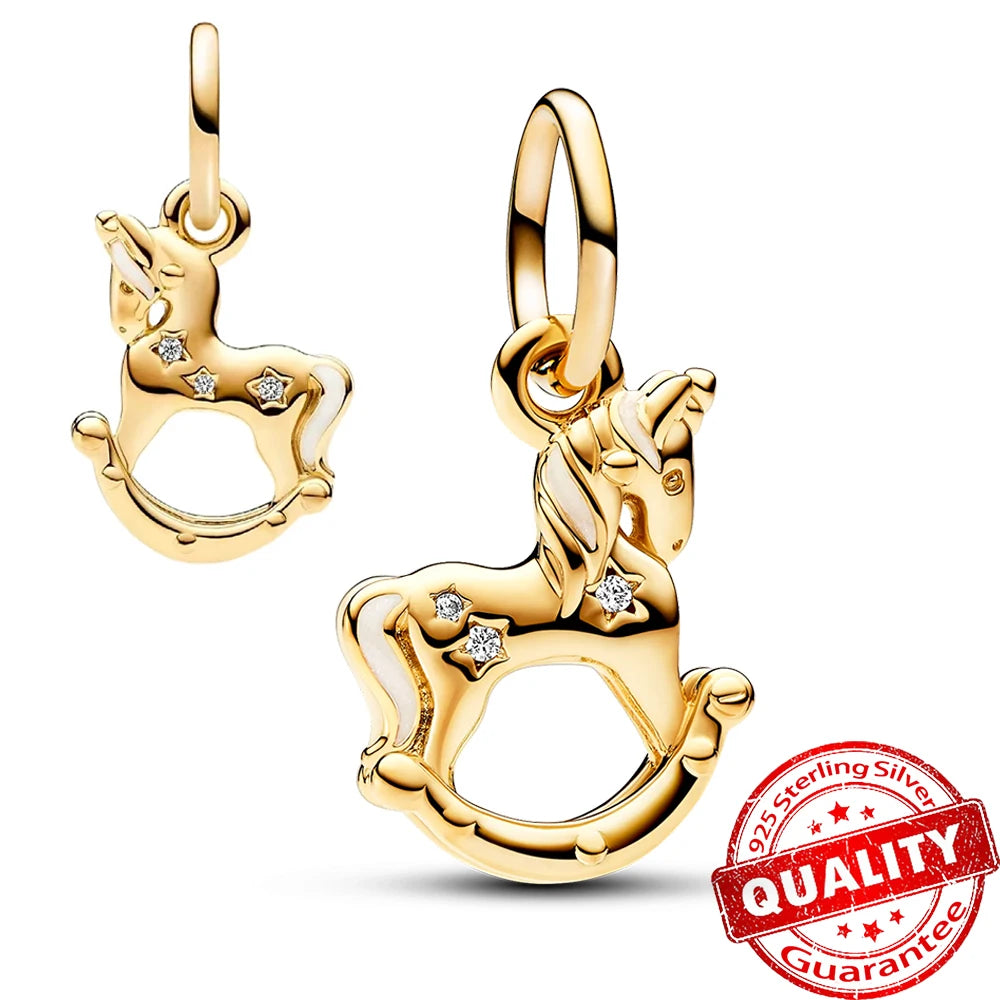 Gorgeous 925 Sterling Silver Stones & Enamel Clip Beads & Seahorse Dangle Charm Fits Bracelet For Women Gold Necklace Pendant