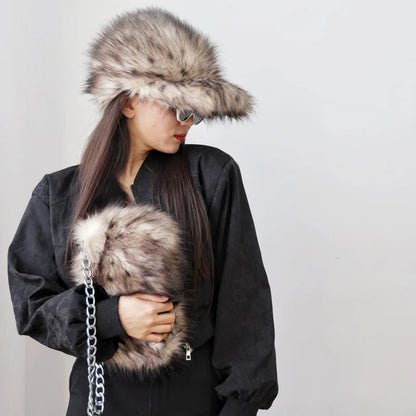 New Faux Fur Leopard Shoulder Bag Women's Autumn Winter Chain Handbags Ladies Leopard Print Clutch Purses Fluffy Top Handle Bags